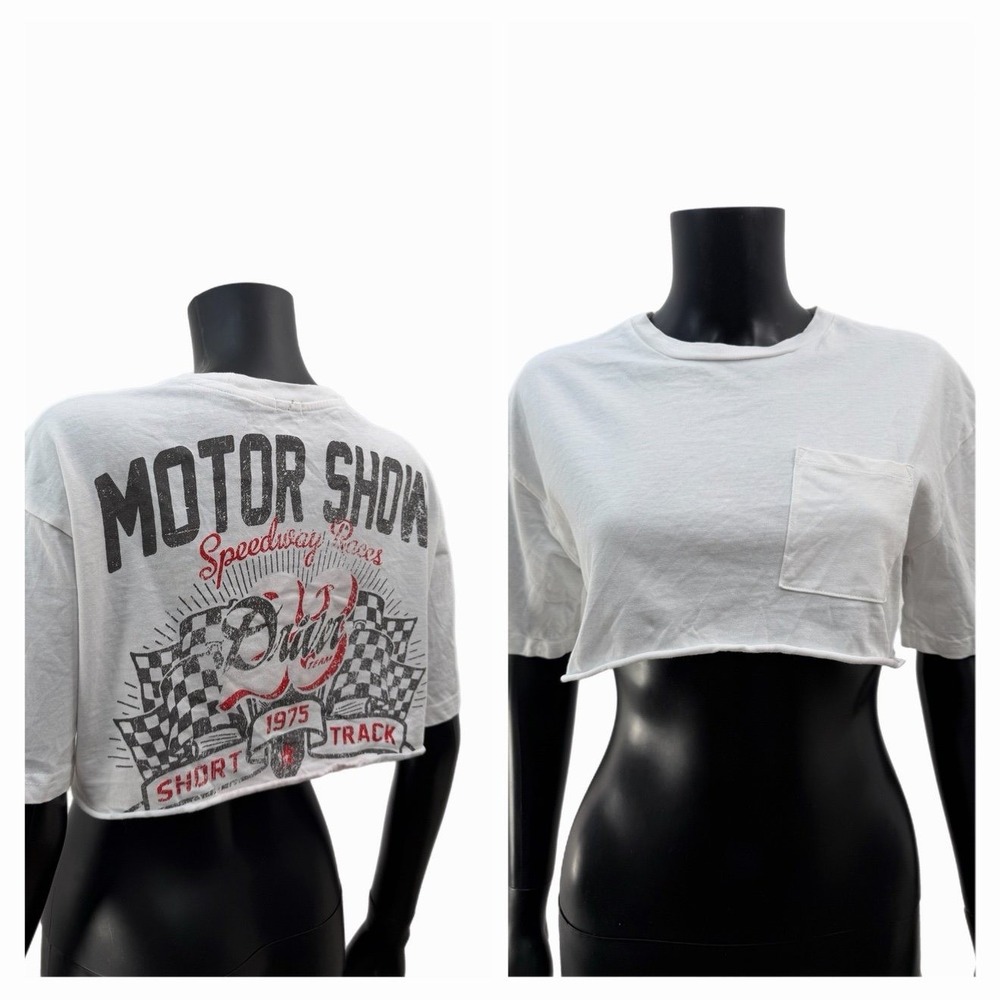 Garage Cropped Graphic Tee‎ Motor Show White Cotton Short Sleeve P/S